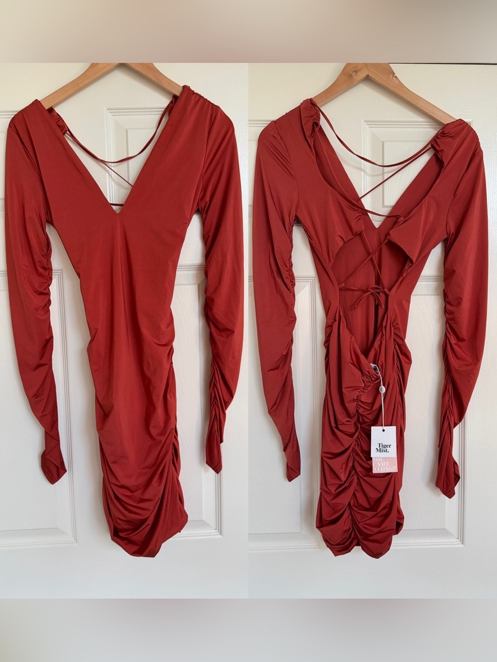 Tiger Mist Mason Rust Orange Brown Ruched Open Back Mini Dress L NWT